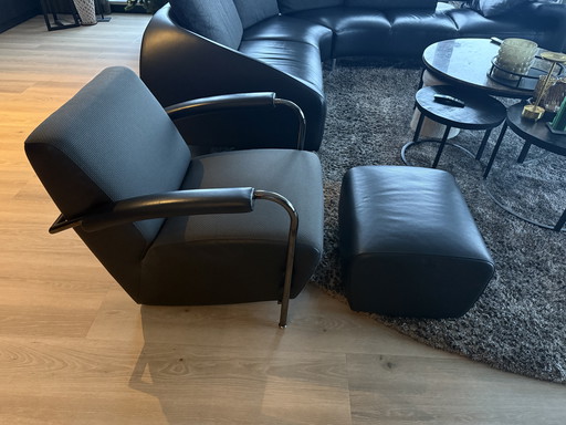 2 Leolux Scylla stoelen + hocker - leer/stof - zwart/grijs