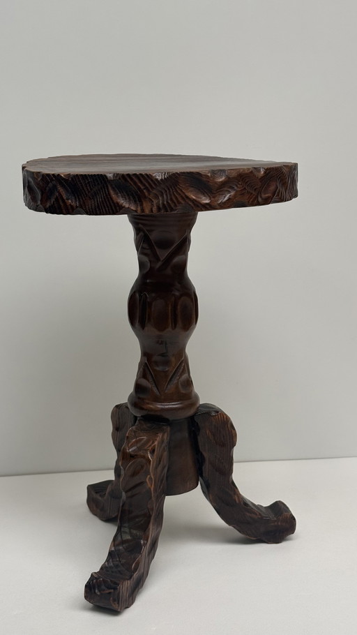 Vintage wooden hand-carved Spanish design side table Brutalist
