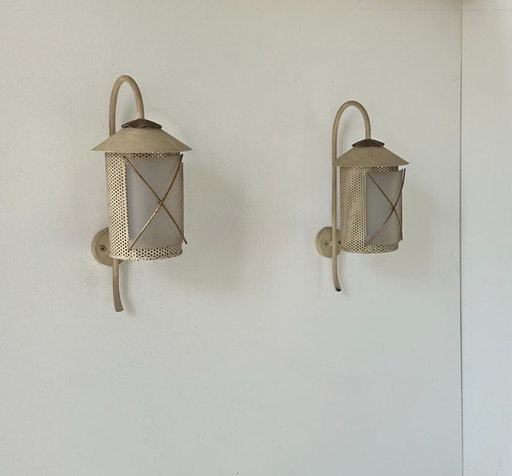 Pair of vintage wall lights in perforated metal, brass and perspex, France 1950