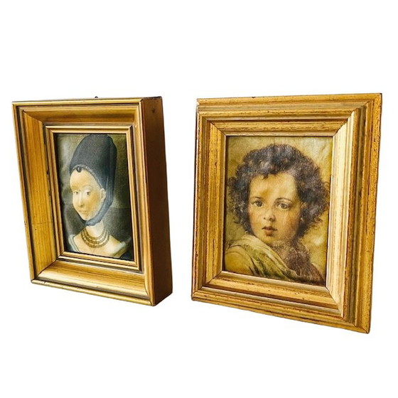 Image 1 of Vintage silk paintings of a woman and child in traditional costumes from the 1960s