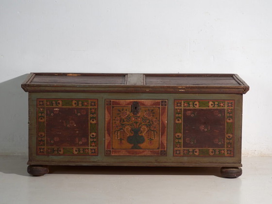 Coffre de dot polychrome ancien en pin – Europe Centrale, circa 1850 – Armoires de rangement, Iron (photo 40 of 40)