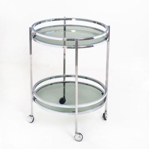 Tavolino d'appoggio o tavolo di servizio vintage. Metallo cromato e vetro - Spagna, anni '70. – bijzettafels, Crystal, Chrome
