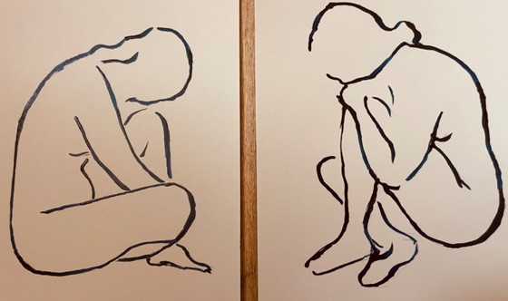 Image 1 of Set of 2 signed ink drawings, female portrait, "recto-verso"