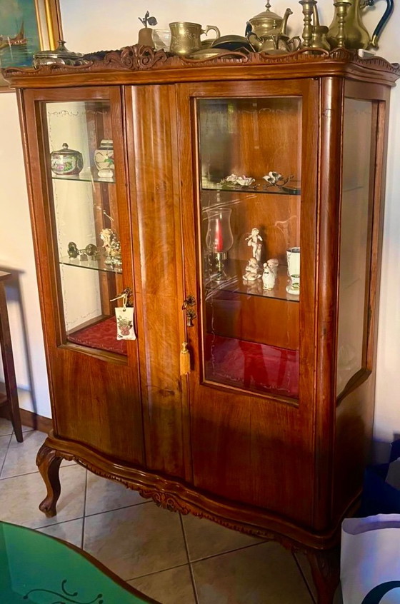Antique Walnut Display Cabinet - Bowed 2 Glass Doors - Barocchetto Style, Wood, Brown, Vintage (photo 2 of 5)