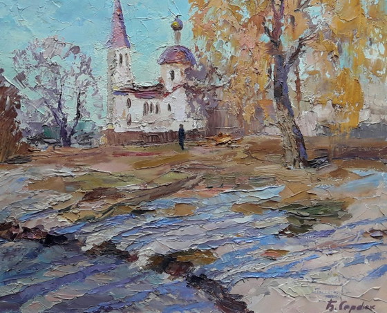 Dipinto a olio originale Paesaggio invernale con un tempio – Dipinti e disegni, Tela (photo 6 of 8)