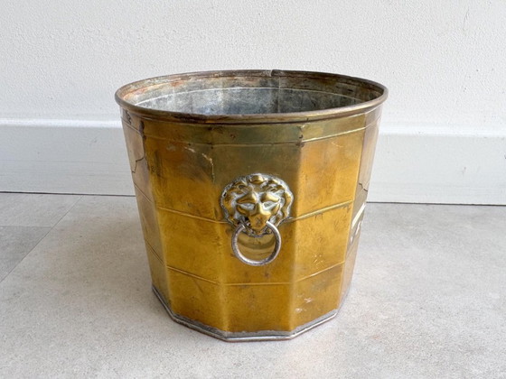 1x Vintage Messing Bloempot Met Leeuwenkoppen – Plantenbak, Brass (photo 5 of 10)