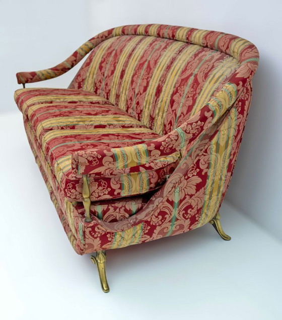 Image 1 of Franse Art Dèco-stijl bank van messing en stof, jaren 50