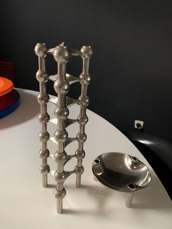 Image 1 of Vintage Nagel kandelaar set 7 stuks plus schaaltje Stoff 