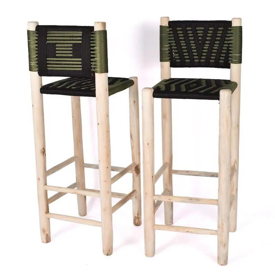 2 handgefertigte marokkanische grüne Hocker – Barhocker, Leder, Holz, Bohemian (photo 2 of 7)