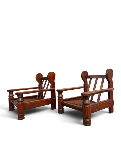 Paire de fauteuils brutalistes en chêne – Textile, Wood