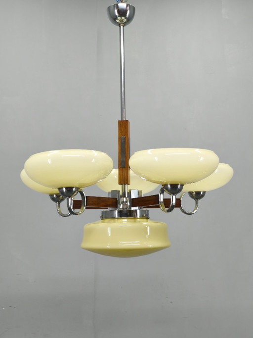 Art Deco Chrome and Walnut Chandelier, Czechoslovakia, 1930s