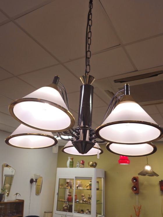 Image 1 of Vintage Hanging Lamp Milk Glass Brass Lamp