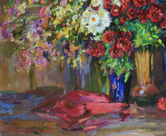 Original Oil Painting Still Life Flowers Autumn Bouquets, Paintings & Drawings, Canvas, Multi Color (photo 4 of 5)
