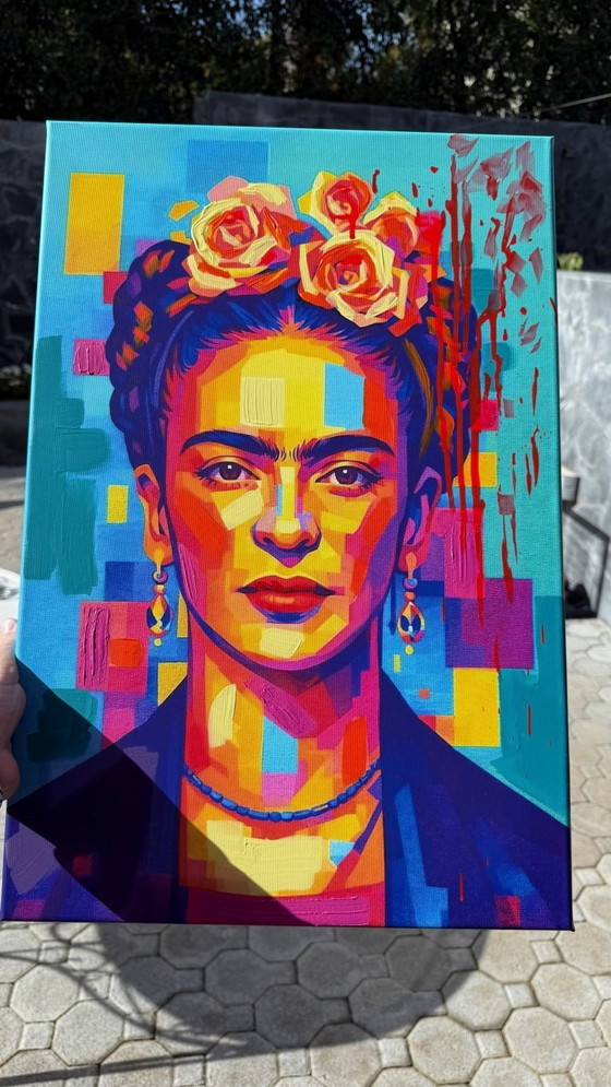Image 1 of Azzurra Lo Bello - Frida Kahlo - Iconisch pop-geometrisch portret - Hedendaagse pop-art - Gemengde technieken op canvas