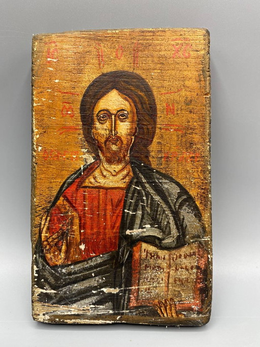 Handgemalte antike orthodoxe Ikone des Christus Pantokrator auf Holztafel – decoratieve objecten, Wood