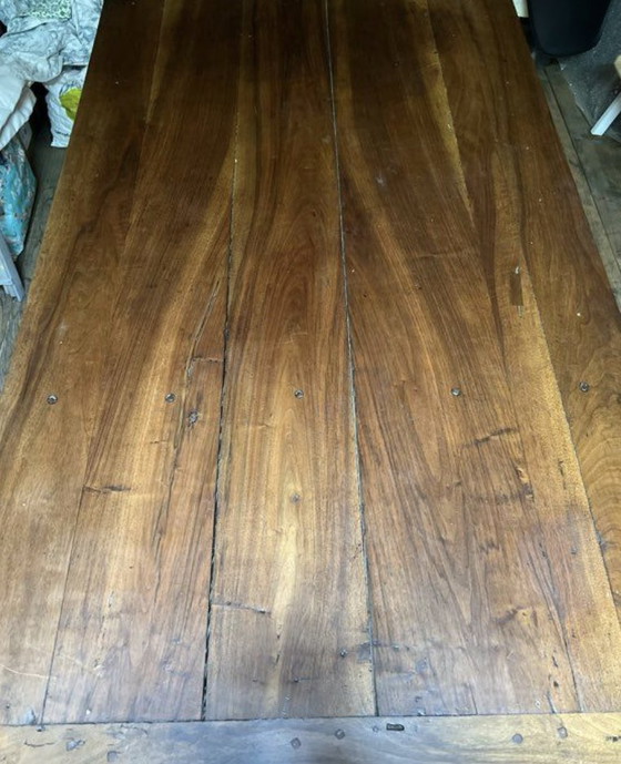 Image 1 of Grande table de ferme ancienne en bois massif – style rustique XIXe – pieds tournés - 181x100m