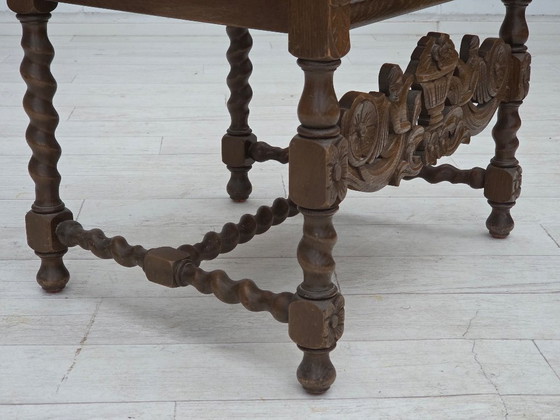 Image 1 of Jaren 30, Deense fauteuil met hoge rugleuning, meubelstof, velours, handgesneden eikenhout.