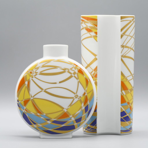 Op-Art Porcelain Vase Duo Krautheim Porzellan Selb Bavaria 1970s Retro Gold 