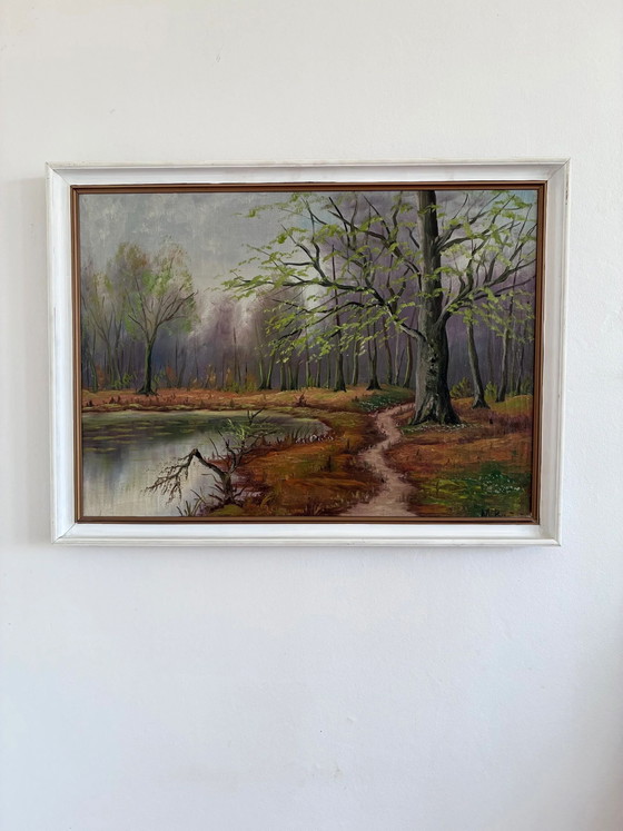 Image 1 of Vintage original forest landscape oil painting, circa 1960s