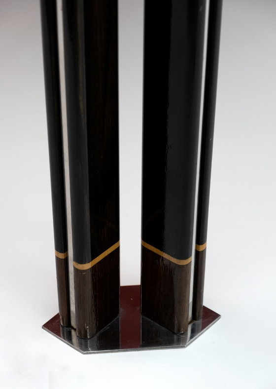 Image 1 of Table de salle à manger italienne en acier et bois incrusté de Paolo Barracchia par Roman Deco, 1978