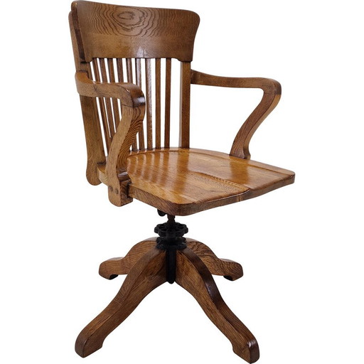 Silla giratoria vintage industrial de roble, Inglaterra, 1900