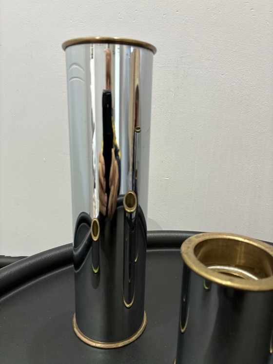 Set of 4 Cylinder 2000 candle holders by Staffan Engelsson, 1970s, Chrome, Brass, Silver (photo 3 of 8)
