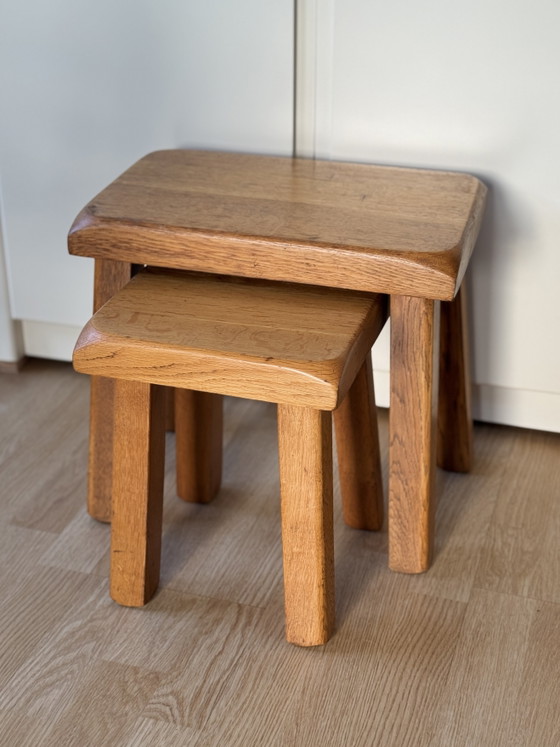 Image 1 of Vintage Brutalist Solid Oak Nesting Side Tables 70s