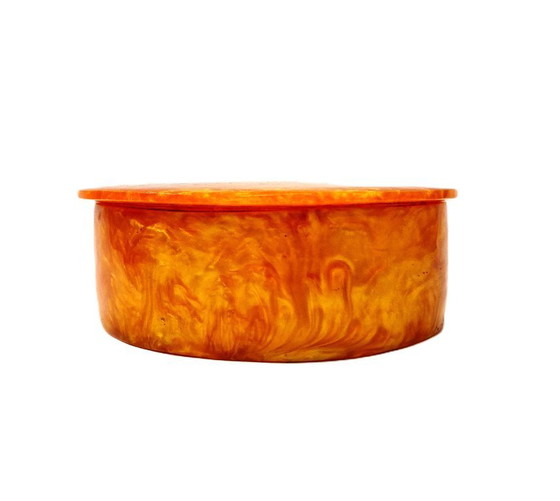 Image 1 of Vintage Catalin bakelieten sieradendoos – Swirled Amber Treasure, Art Deco-bedel uit de jaren 30