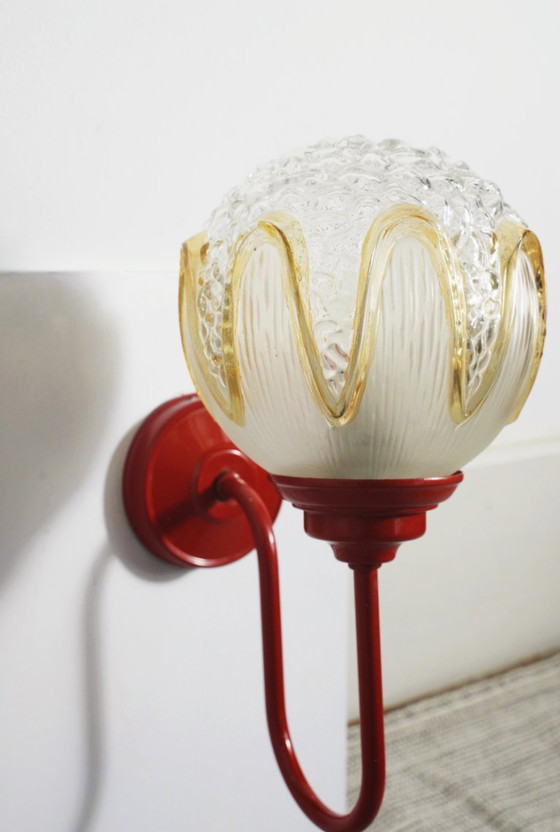 Red Wall Sconce Massive Belgium with Richard Essig Textured Glass Globe, Mid Century Space Age Lighting (photo 14 of 22)