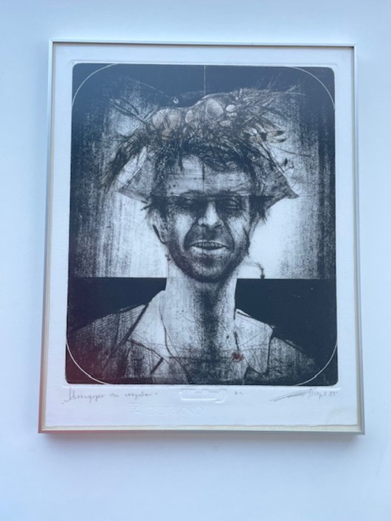 Image 1 of Bijzonder werk van de Bulgaarse kunstenaar Todor Petrov (Petroff), getiteld "Self-portrait with Shrimp" (1983). Een intrigerende