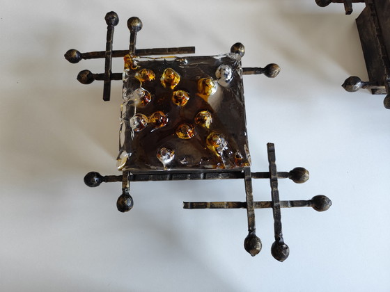 Image 1 of Pair of Brutalist wall lamps – Tom Ahlström & Hans Ehrlich – Murano glass & wrought iron – 1960s