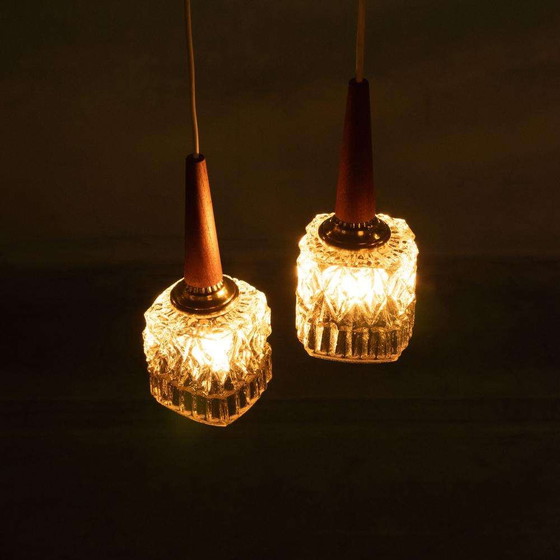 Image 1 of Vintage set of pendant lights glass 60s teak brass & glass pendants