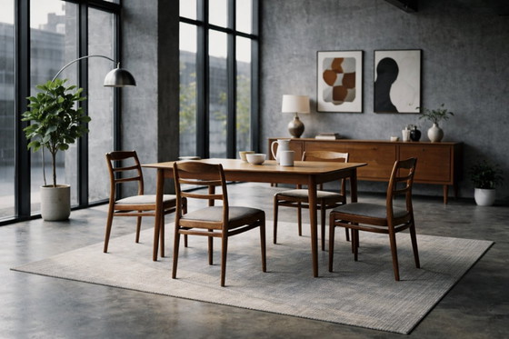 Image 1 of Elegante dänische Mid-Century-Stühle aus Teakholz und grauem Stoff, 1960er Jahre, 4er-Set