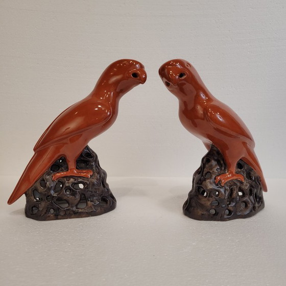 Image 1 of Pareja de loros naranjas, porcelana, 90’s - China