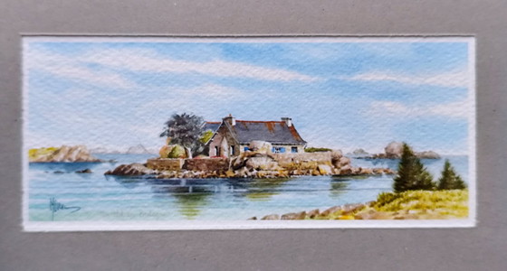 Image 1 of Aquarelle vintage signée | Paysage marin côtier breton | Encadrée