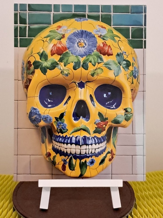Image 1 of CABEZA MUERTA - Cráneo de Delft estilo cerámica - Impresión giclée sobre placa de aluminio