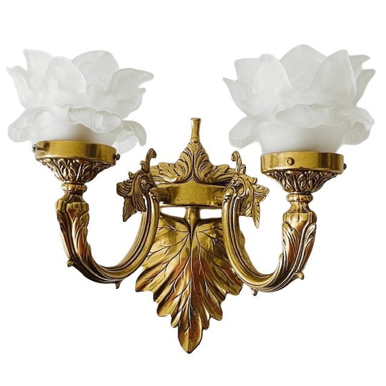 Image 1 of Applique murale baroque rococo vintage en laiton du milieu du siècle rose années 1950