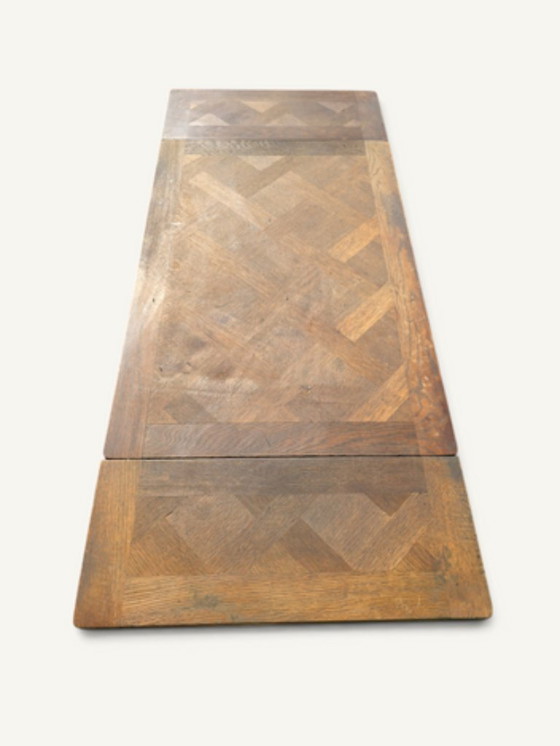 Rustic Oak Parquet Dining Table with Two Extensions – Wood (photo 4 of 5)