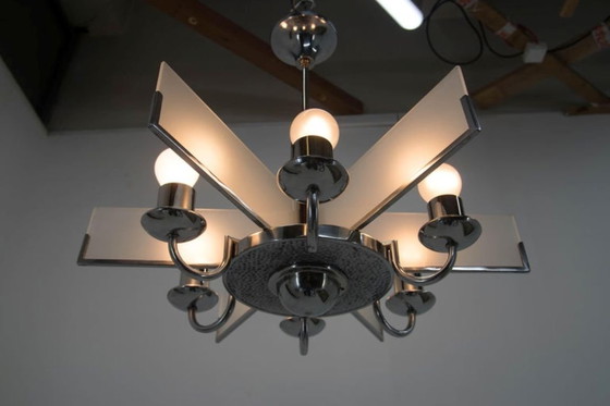 Image 1 of Six-Arm Art Deco Chandelier in Chrome and Sandblasted Glass, 1940s