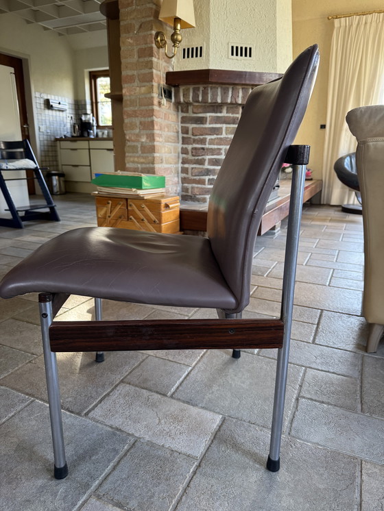 Image 1 of Eettafel-Set mit 4 Stoelen; 60er Jahre; Houten Blad; Metalen-Unterstell. Stoelen opnieuw bekleed.