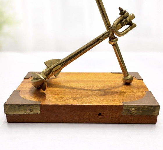 Image 1 of Vintage Mid-Century Brass Anchor Sculpture on Wooden Base - 1960s