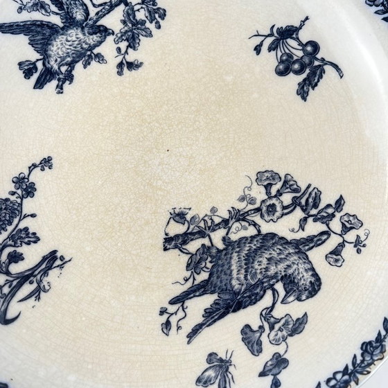 Image 1 of Kompottschale aus Pexonne-Eisenerde, blaues Vogelmotiv, Ende 19.