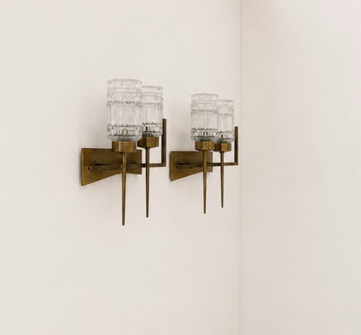 Pair of vintage brass and glass wall lights, France, 1950