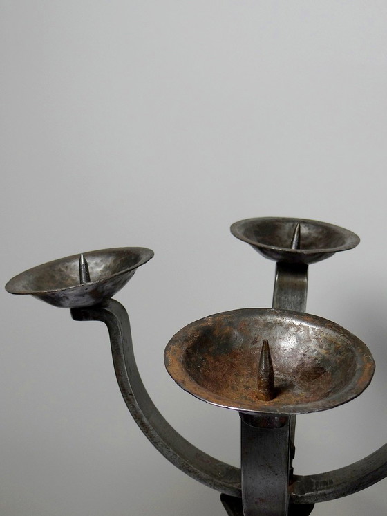 Image 1 of Pair of Massive Brutalist Wrought Iron 4-Light Vintage Candlesticks