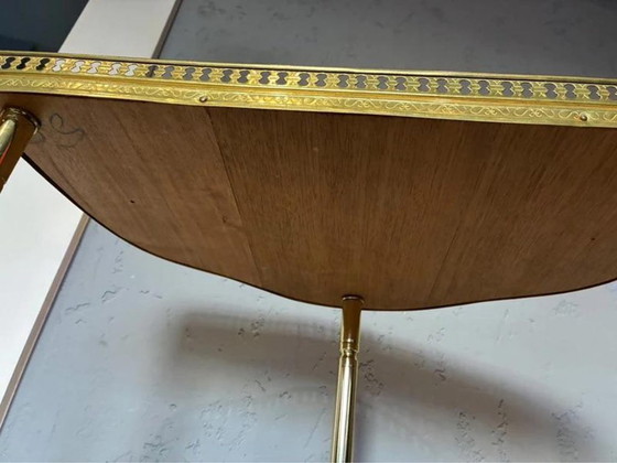 Console Murale Demi Lune, Table en Bois Incrusté Laiton Années 50, Doré, 1950 (photo 7 sur 7)