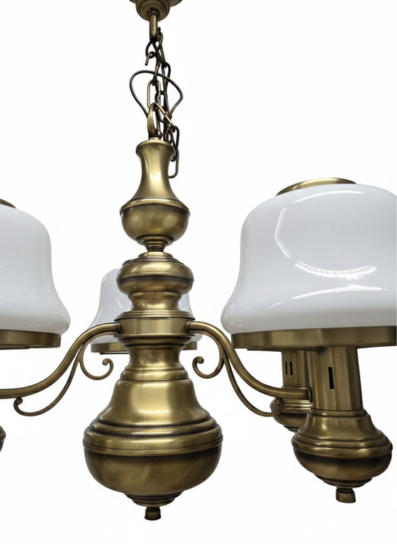 Image 1 of Lampadario Vintage a Sospensione in Vetro Bianco e Ottone - Made in Italy