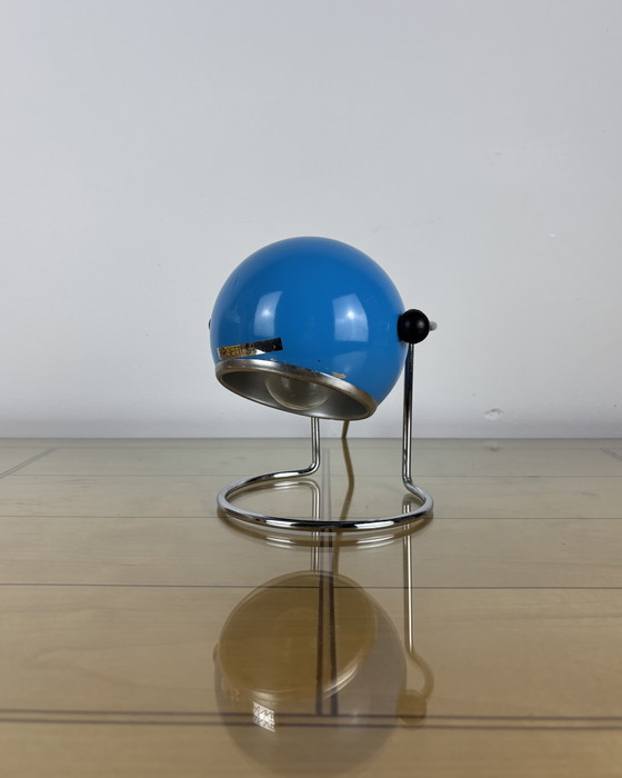 Image 1 of Table Lamp, Targetti Sankey Metal, Eyeball, 70s, Italy, Space Age, Sputnik design, 1970s, Blue Vintage Lamp with Chrome Stand