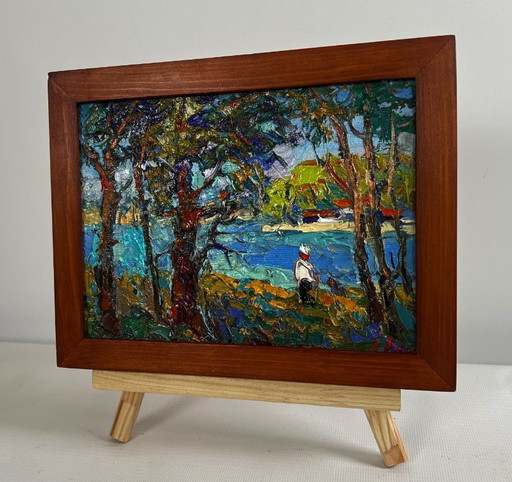 Original Oil Painting: Summer River Landscape - In the Shade of the Trees