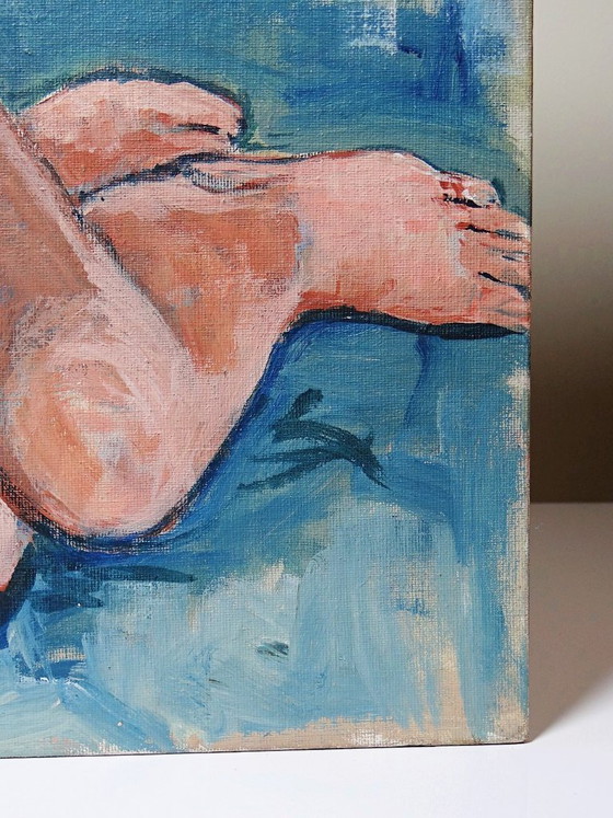 Image 1 of Vintage seated nude portrait painting, modern oil on canvas board