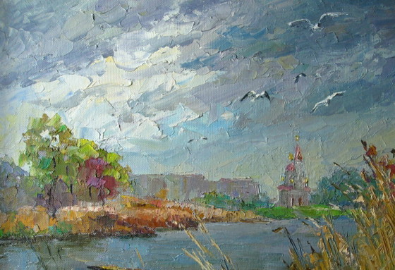 Origineel olieverfschilderij Herfstlandschap Stadsrand Meeuwen boven de rivier. Droge Kagamlyk (photo 8 of 8)